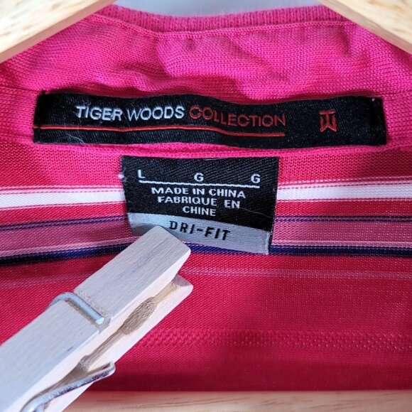 Nike Tiger Woods Mens Golf Shirt Pink Large Stripe Short Sleeve Dri-Fit Polo - Picture 5 of 6